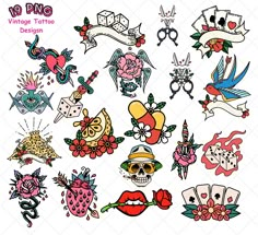 an assortment of tattoo designs on a white background