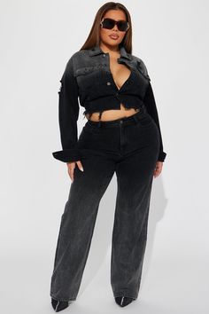 Available In Black Wash. Straight Leg Jean Pair With Onyx Ombre Ripped Denim Jacket 5 Pockets 11" High Rise 32" Inseam Non Stretch Disclaimer: Due To The Specialized Wash Process, Each Garment Is Unique. 100% Cotton Imported | Onyx Ombre Non Stretch Straight Leg in Black Wash size 18 Plus by Fashion Nova Ripped Denim Jacket, Ripped Denim, Size 13, Size 20, Straight Leg Jeans, Leg Jeans, Fashion Nova, Size 16, Onyx