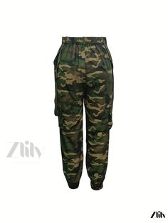 Zlily - Womens Y2K Camouflage Cargo Pants featuring Casual High Waist and Baggy Fit Green Baggy Combat Bottoms, Casual Camouflage Pants With Multiple Pockets, Casual Camouflage Parachute Pants For Outdoor, Spring Camouflage Full-length Cargo Pants, Baggy Camouflage Pants With Side Pockets, Casual Camouflage Parachute Pants With Side Pockets, Camouflage Pants With Elastic Waistband For Streetwear, Camouflage Pants With Side Pockets For Spring, Spring Camouflage Pants With Side Pockets