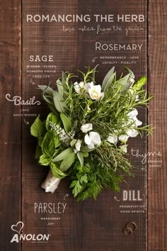 an arrangement of flowers and herbs on a wooden background with the words salvia written in spanish