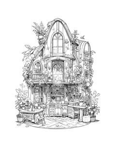 a drawing of a house with lots of plants on the roof and windows, surrounded by potted plants