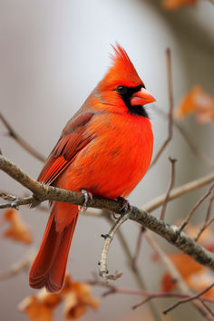 a red bird sitting on top of a tree branch next to orange and yellow leaves