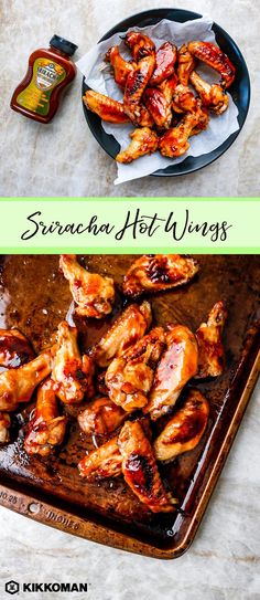 chicken wings on a pan with sauce and seasoning in the background, next to an image of srirac hot wings