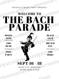 an advertisement for the beach parade featuring a man in black and white holding a baseball bat