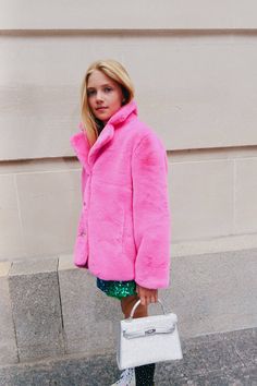 Pink Faux Fur Coat Nordstrom, Luxury Pink Fur Coat For Fall, Luxury Fitted Pink Fur Coat, Hot Pink Fluffy Coat, Denim Ruffle Dress, Eye Hoodie, Faux Fur Parka, Hot Pink Skirt, Crystal Fringe