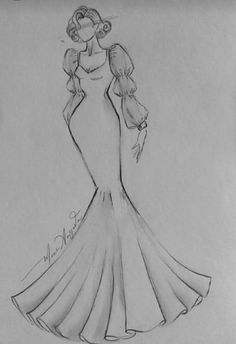 a drawing of a woman in a long dress with her hair pulled back and wearing an evening gown