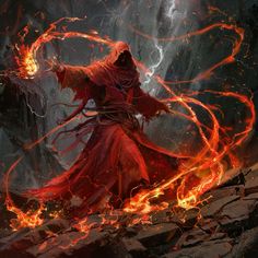 a man in red robes with fire around his body and arms, standing on a rocky cliff