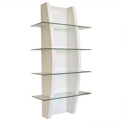 a white shelf with three glass shelves on each side and one empty shelf in the middle