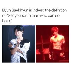 an image of a man with his arms crossed and the caption says, byun baekin is indeed the definition of get yourself a man who can do both