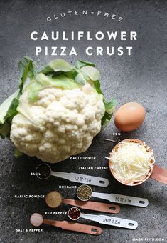 cauliflower and other ingredients for pizza crust on a table with text overlay