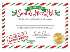 a certificate for santa's nicest list is shown in red, green and white