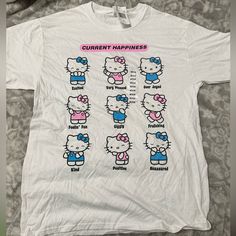 Never Worn White Trendy Hello Kitty T-shirt, White Hello Kitty Short Sleeve T-shirt, Fun White Hello Kitty Print T-shirt, Cute Cotton Hello Kitty T-shirt, Playful White Hello Kitty T-shirt, Hello Kitty Shirt, Tan T Shirt, Blue White Top, Yellow Tees