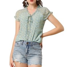 Floral Print Ruffle Short Sleeve Chiffon Top (S) Color Light Blue And Floral Size S It Has A Loose Fit That Falls To The Hip So You Can Easily Tuck It Into Skirts Or Jeans. 100% Polyester Floral Print V Neck Short Raglan Sleeve Ruffle Trim Partially Lined Tie Front Decor Mock Placket Regular Fit Chiffon Blouses Chest Girth 37 3/4 Inches Waist Girth 37 Total Length 25 3/8 C-38 Casual Chiffon V-neck Top, Flowy Casual Chiffon Blouse, Casual Flowy Chiffon Blouse, Chiffon Short Sleeve Top For Beach, Flowy Chiffon Casual Blouse, Fitted Casual Chiffon Top, Casual Floral Print Chiffon Tops, Casual Chiffon Tops With Floral Print, Casual Chiffon Blouse With Floral Print