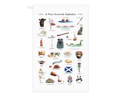 a very scottish alphabet poster with animals and objects