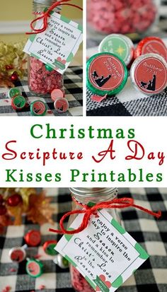 christmas printables in a jar with red and green ribbon on the table top