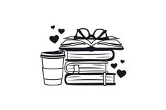 stack of books, coffee cup and heart shapes on the white background illustration for valentine's day