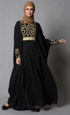 Eastessence presents Gold embroidered accents kaftan style eid abaya dress available only at eastessence. Arabian Abaya, Eid Abaya, Kaftan Sleeves, Abaya Black, Golden Embroidery, Golden Lace, Kaftan Style, Abaya Dress, Modest Wear