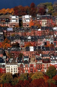 an aerial view of a city with lots of buildings and trees in the foreground