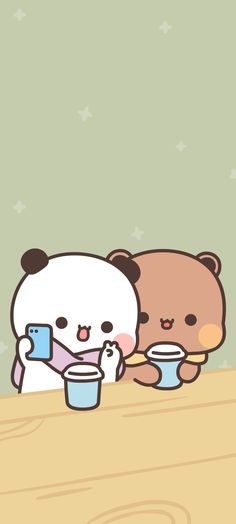 two cartoon bears sitting at a table with cups in front of them, one holding a cell phone