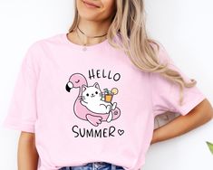 Hello Summer Shirt, Cat Summer Tee, Funny Summer Shirt, Summer Shirt, Cute Summer Tee, Kitty Shirt, Cute Kitten Shirt, Cat Meme Tee, Summer Product Features: - We have a size chart on our listing photos -  All our Heather Colors are cotton/polyester blend and they are super comfy soft! - All our simple color ones like White and Black are 100% Cotton - Soft and High-Quality Fabric - Pre-shrunk - Sueded Jersey - Taped shoulder-to-shoulder - Tear away label - Side Seamed - Retail fit How Do I Order Summer Cotton Shirt With Cat Design, Casual Summer Shirt With Cat Design, Summer Kawaii Cat Print Tops, Kawaii Cat Print Summer Tops, Hello Kitty Print Crew Neck Top For Summer, Kawaii Cat Print Tops For Summer, Summer Graphic Tee With Cat Design, Fun Hello Kitty Print Summer T-shirt, Cute Spring T-shirt With Cat Design