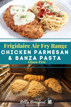 Hot to air fry chicken parmesan in the Frigidaire full size air fry oven served with banza chickpea pasta Frigidaire Air Fry Oven Recipes, Air Fryer Range Oven Recipes, Air Fry Oven Recipes, Gluten Free Pasta Dinner, Fry Ideas