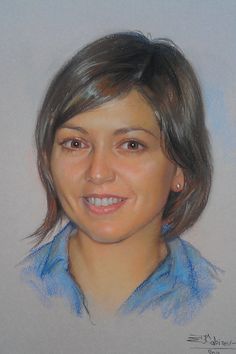 a pencil drawing of a woman's face with brown hair and blue shirt on