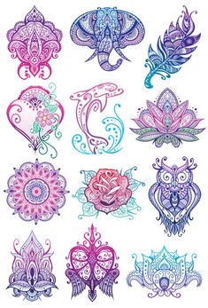 an assortment of paisley designs on white paper