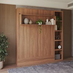 a wooden shelf with plants and vases on it next to a gray area rug