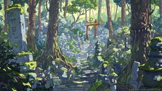 a painting of a path through a forest with lots of trees in the foreground