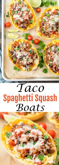 taco spaghetti squash boats on a baking sheet