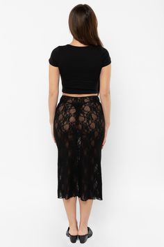 The Floral Lace Pencil Skirt is a hosiery - outerwear hybrid that layers seamlessly with our intimates, bodysuits, hosiery, and lace pieces. Create a striking head to toe lace look with the Floral Lace Long Sleeve Top (FNS300) and/or Floral Lace Flare Leggings (FNS302). This piece can be worn high, mid, or low rise. Made in Los Angeles, Calif. Our experienced sewers earn up to $25 an hour and no less than $16; additionally workers have healthcare benefits for less than $15 per week, a 401k plan, Fitted Flirty Bottoms With Lace Trim, Flirty Fitted Bottoms With Lace Trim, Flirty Lace Party Bottoms, Flirty Party Bottoms With Lace Trim, Fitted Black Bottoms With Delicate Lace, Elegant Fitted Bottoms With Delicate Lace, Black Fitted Bottoms With Delicate Lace, Elegant Black Bottoms With Delicate Lace, Black Lace Bottoms With Delicate Lace Detail