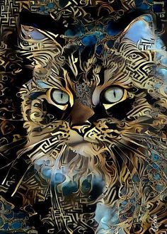 a cat with blue eyes and ornate designs on it's face, looking at the camera