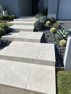 some plants and rocks are in front of a house on the sidewalk with steps leading up to it