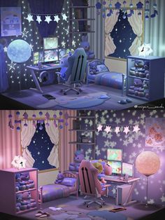 two pictures of the same room with stars on the ceiling and in the bed area