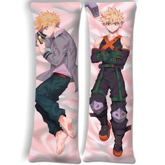 two anime characters laying on top of pillows