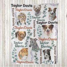 a towel with dogs on it and the words taylor davis written in different font styles