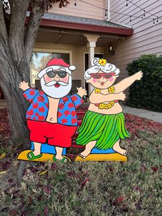 two cartoon characters are standing in front of a house with a tree on the lawn