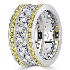 two tone gold and white wedding bands with yellow diamonds