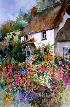 a watercolor painting of a cottage with flowers in the foreground