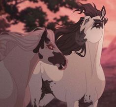 two horses standing next to each other in front of a tree and sky with pink clouds