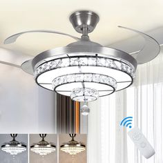 a ceiling fan with lights and remote controls