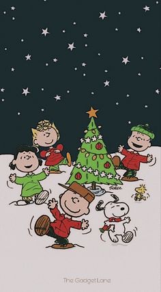 charlie brown and his gang around the christmas tree