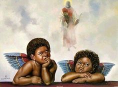 two children sitting on the ground with an angel above them