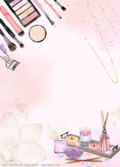 a pink background with cosmetics and flowers