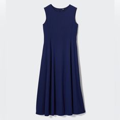 New With Tag Navy Blue Dress Size Xxs, Fits Xs Elegant Long Length Ultra Stretch Fabric Airism With Quick Drying Dry Technology Fit And Flare Dress Side Pockets For Casual And Business Wear Navy Fitted Sleeveless Maxi Dress, Navy Sleeveless Fitted Dress, Navy Fitted Sleeveless Dress, Navy Sleeveless Dress For Work, Uniqlo Dress, High Neck Sleeveless Dress, Purple Sweater Dress, Uniqlo Dresses, Taupe Dress