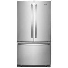 a stainless steel refrigerator freezer with two doors and one door on the side, in front of a white background