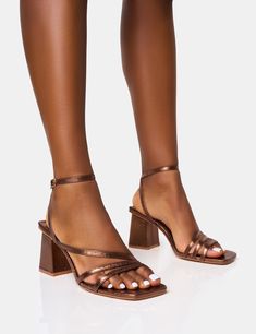 Robin Bronze Strappy Square Toe Mid Block Heels Wide Ankle Boots, Festival Sandals, Pink Ankle Boots, Bronze Heels, White Strappy Sandals, Public Desire Shoes, Wide Fit Sandals, Court Heels, Trending Boots