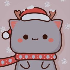 a gray cat wearing a santa hat and scarf with snowflakes on it's head