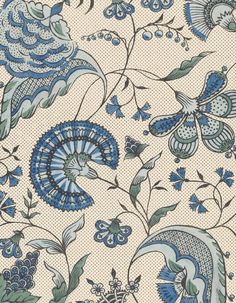 a blue and white wallpaper with flowers, leaves and butterflies on the back ground