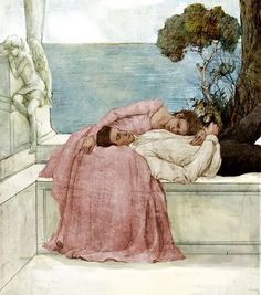 a painting of two people sleeping on a bench